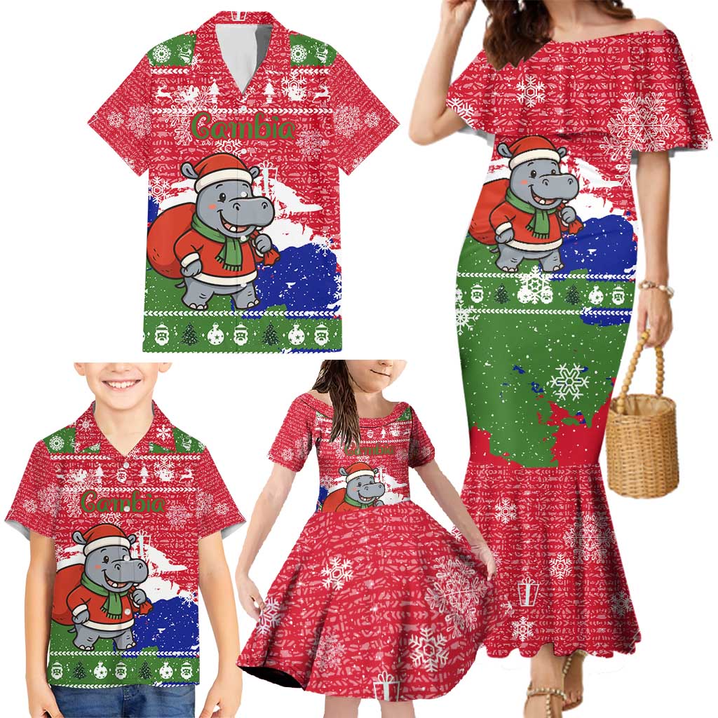 Gambia Christmas Family Matching Mermaid Dress and Hawaiian Shirt with Santa Hippo National Coat of Arms Snowflakes and Festive Holiday - Wonder Print Shop