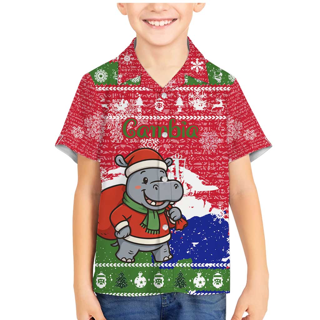 Gambia Christmas Family Matching Mermaid Dress and Hawaiian Shirt with Santa Hippo National Coat of Arms Snowflakes and Festive Holiday - Wonder Print Shop