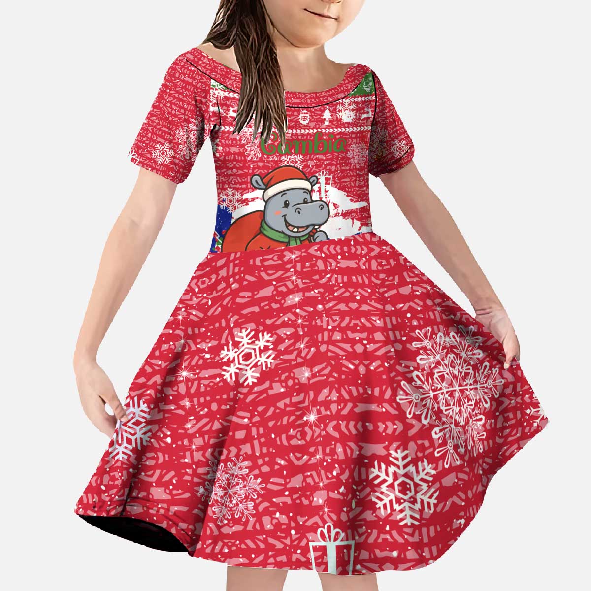 Gambia Christmas Family Matching Off The Shoulder Long Sleeve Dress and Hawaiian Shirt with Santa Hippo National Coat of Arms Snowflakes and Festive Holiday - Wonder Print Shop