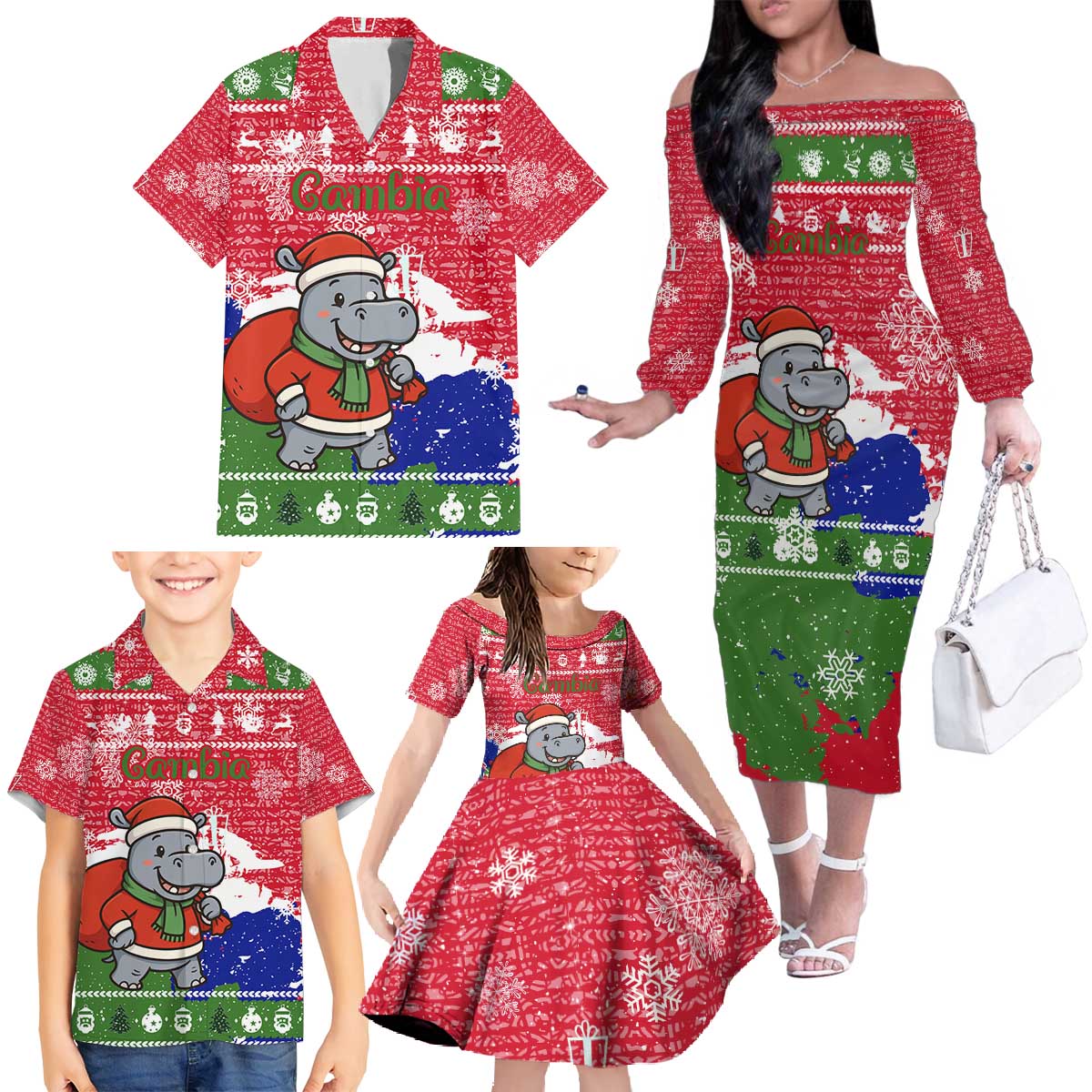 Gambia Christmas Family Matching Off The Shoulder Long Sleeve Dress and Hawaiian Shirt with Santa Hippo National Coat of Arms Snowflakes and Festive Holiday - Wonder Print Shop