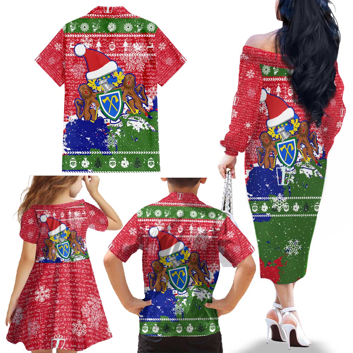 Gambia Christmas Family Matching Off The Shoulder Long Sleeve Dress and Hawaiian Shirt with Santa Hippo National Coat of Arms Snowflakes and Festive Holiday - Wonder Print Shop