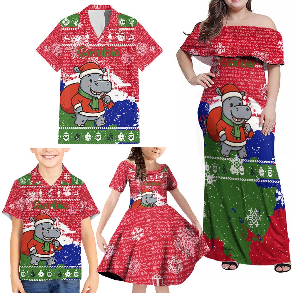 Gambia Christmas Family Matching Off Shoulder Maxi Dress and Hawaiian Shirt with Santa Hippo National Coat of Arms Snowflakes and Festive Holiday - Wonder Print Shop