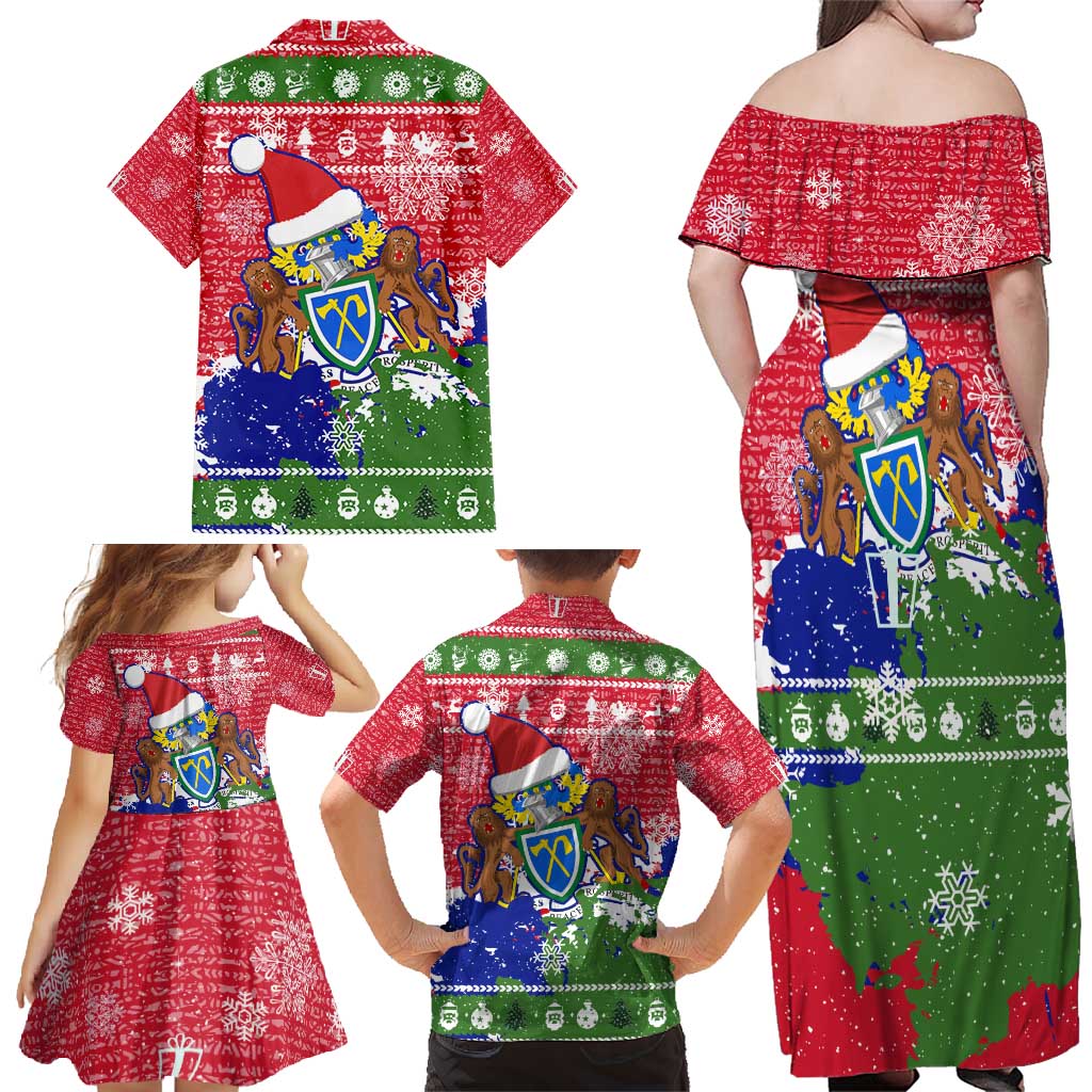 Gambia Christmas Family Matching Off Shoulder Maxi Dress and Hawaiian Shirt with Santa Hippo National Coat of Arms Snowflakes and Festive Holiday - Wonder Print Shop