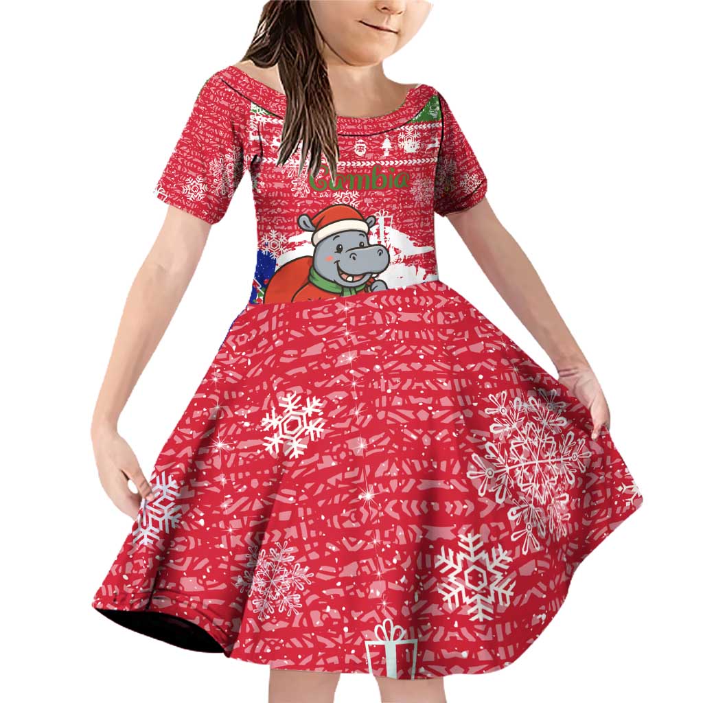 Gambia Christmas Family Matching Off Shoulder Short Dress and Hawaiian Shirt with Santa Hippo National Coat of Arms Snowflakes and Festive Holiday - Wonder Print Shop
