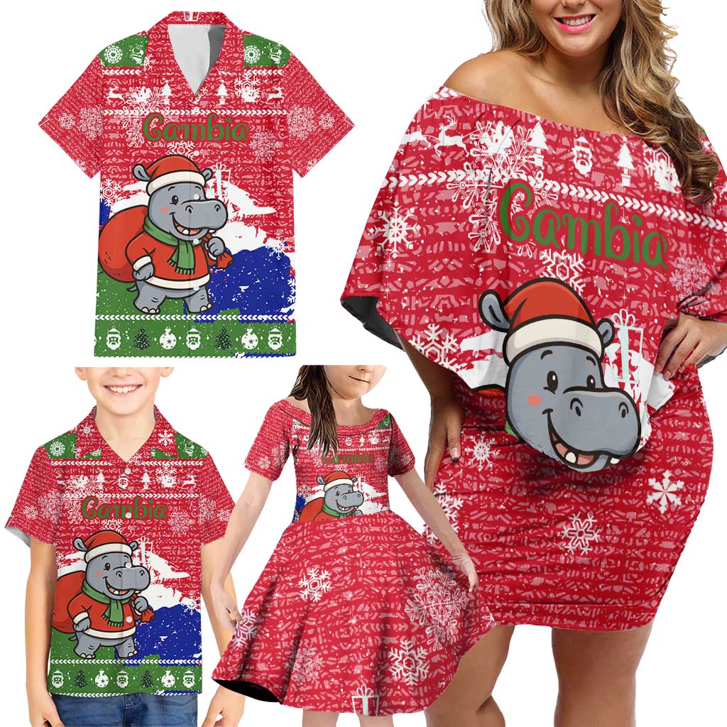 Gambia Christmas Family Matching Off Shoulder Short Dress and Hawaiian Shirt with Santa Hippo National Coat of Arms Snowflakes and Festive Holiday - Wonder Print Shop