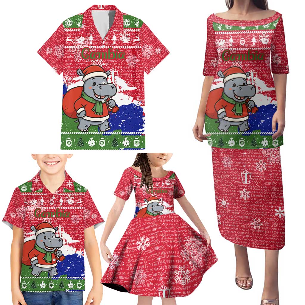 Gambia Christmas Family Matching Puletasi and Hawaiian Shirt with Santa Hippo National Coat of Arms Snowflakes and Festive Holiday - Wonder Print Shop