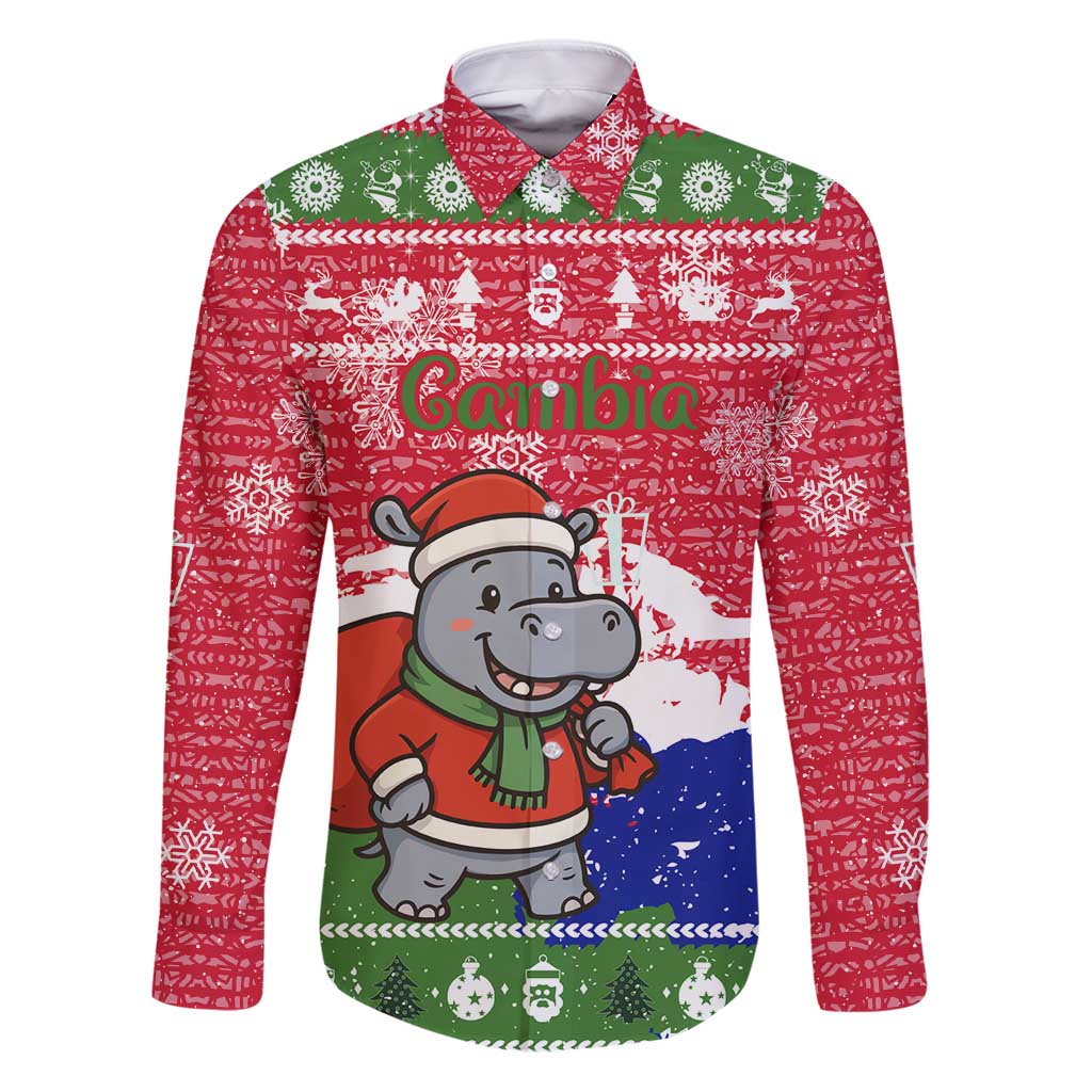 Gambia Christmas Family Matching Puletasi and Hawaiian Shirt with Santa Hippo National Coat of Arms Snowflakes and Festive Holiday - Wonder Print Shop