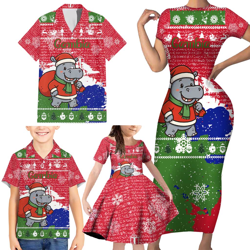 Gambia Christmas Family Matching Short Sleeve Bodycon Dress and Hawaiian Shirt with Santa Hippo National Coat of Arms Snowflakes and Festive Holiday - Wonder Print Shop