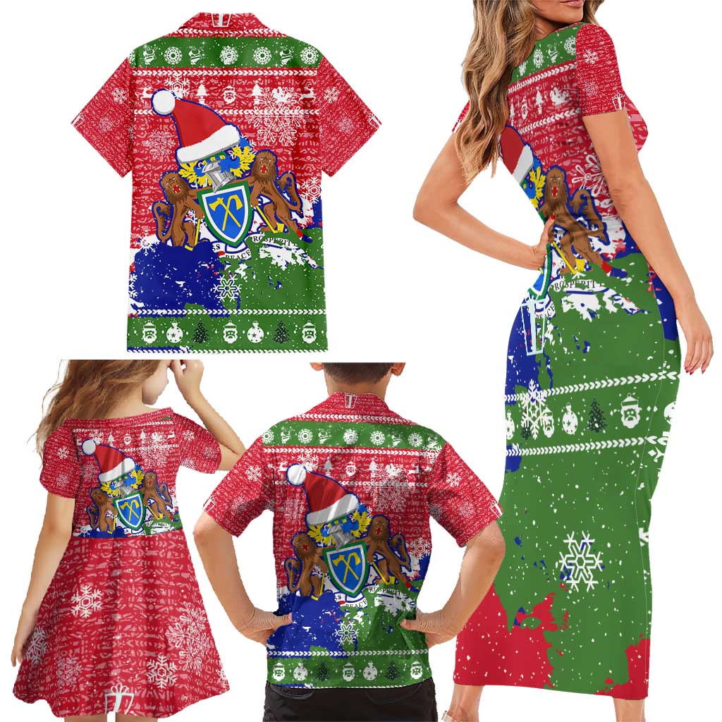 Gambia Christmas Family Matching Short Sleeve Bodycon Dress and Hawaiian Shirt with Santa Hippo National Coat of Arms Snowflakes and Festive Holiday - Wonder Print Shop