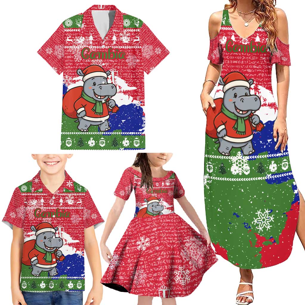 Gambia Christmas Family Matching Summer Maxi Dress and Hawaiian Shirt with Santa Hippo National Coat of Arms Snowflakes and Festive Holiday - Wonder Print Shop