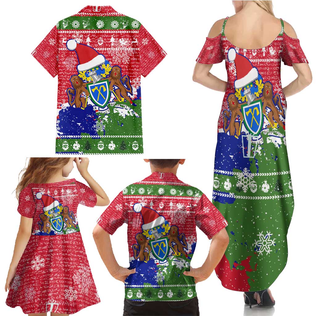 Gambia Christmas Family Matching Summer Maxi Dress and Hawaiian Shirt with Santa Hippo National Coat of Arms Snowflakes and Festive Holiday - Wonder Print Shop