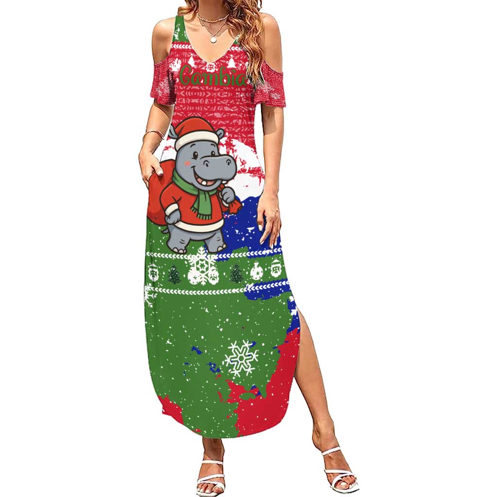 Gambia Christmas Family Matching Summer Maxi Dress and Hawaiian Shirt with Santa Hippo National Coat of Arms Snowflakes and Festive Holiday - Wonder Print Shop
