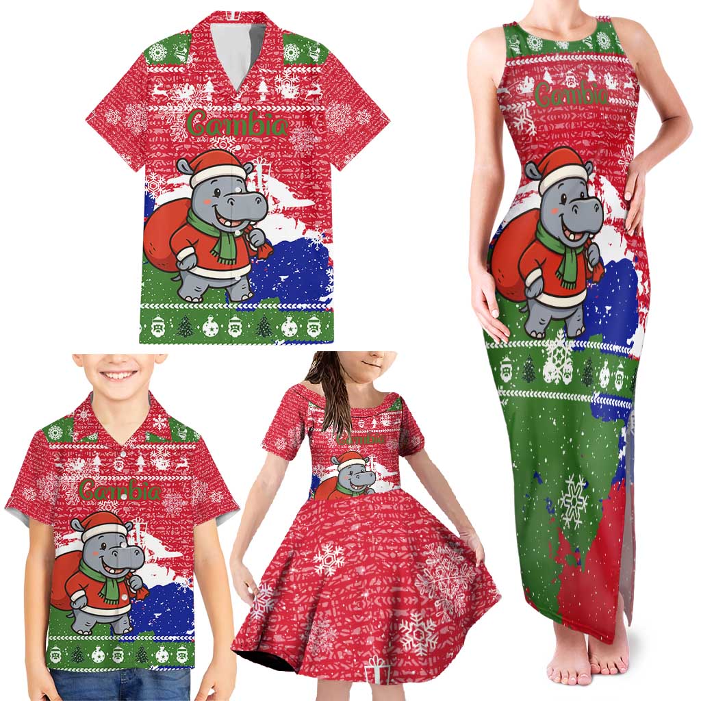Gambia Christmas Family Matching Tank Maxi Dress and Hawaiian Shirt with Santa Hippo National Coat of Arms Snowflakes and Festive Holiday - Wonder Print Shop
