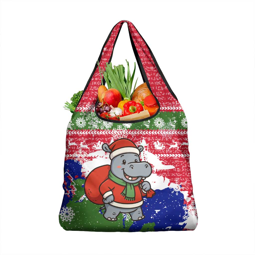 Gambia Christmas Grocery Bag with Santa Hippo National Coat of Arms Snowflakes and Festive Holiday - Wonder Print Shop