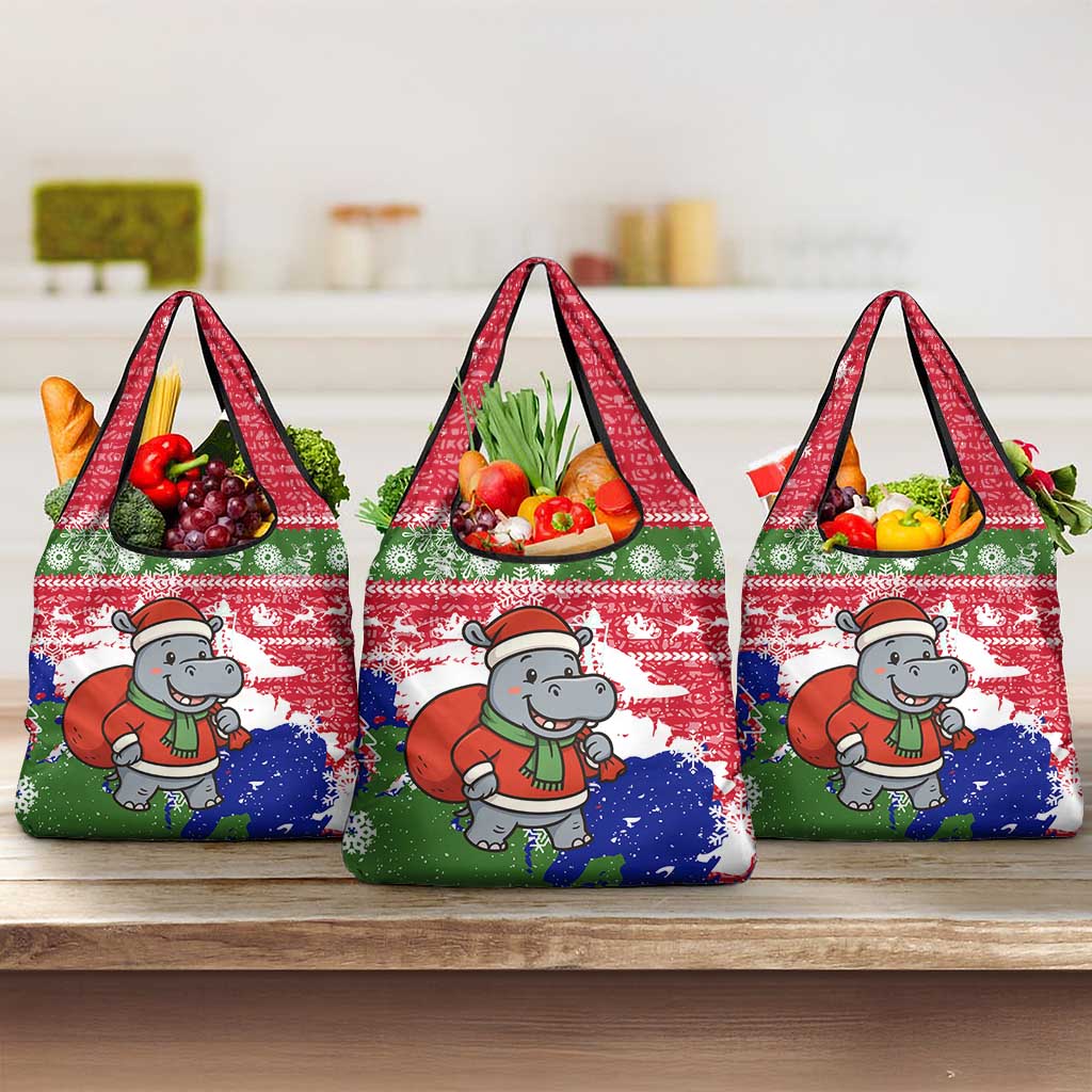 Gambia Christmas Grocery Bag with Santa Hippo National Coat of Arms Snowflakes and Festive Holiday - Wonder Print Shop