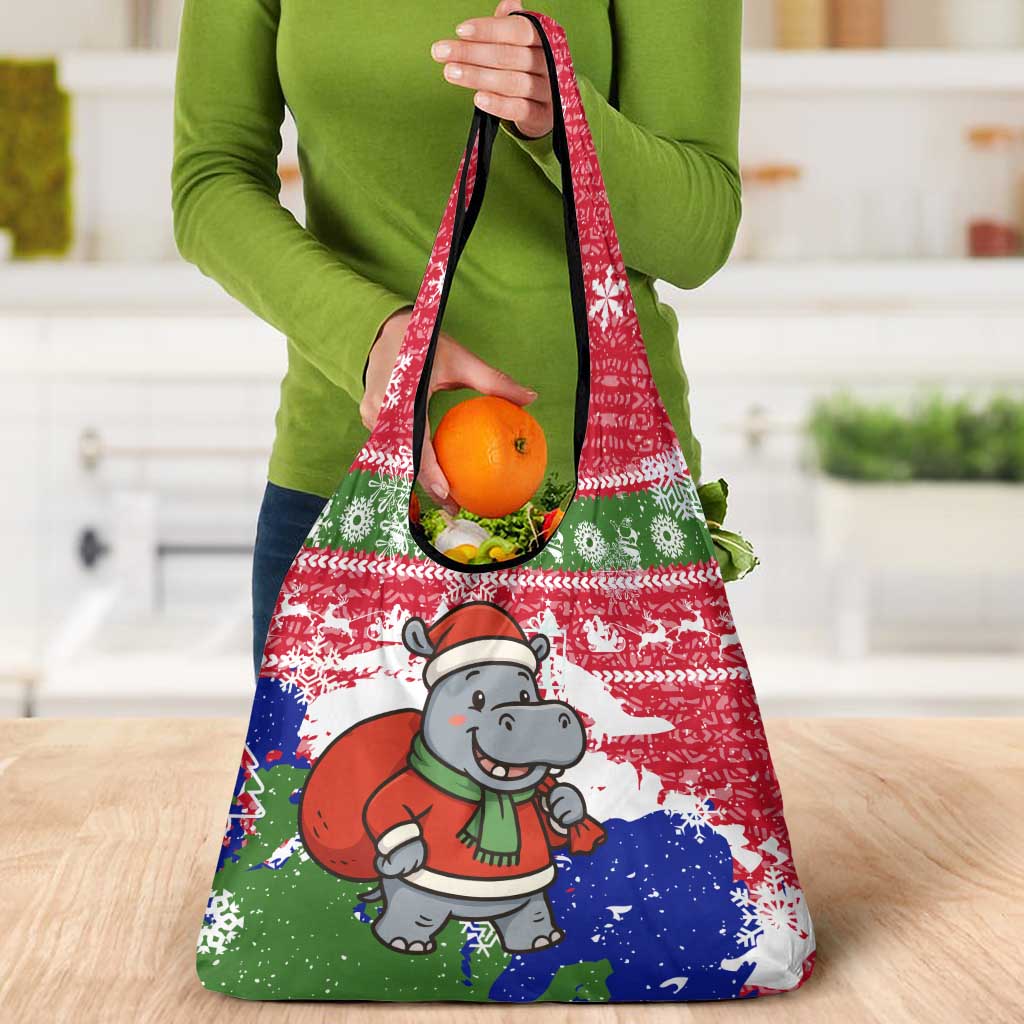 Gambia Christmas Grocery Bag with Santa Hippo National Coat of Arms Snowflakes and Festive Holiday - Wonder Print Shop