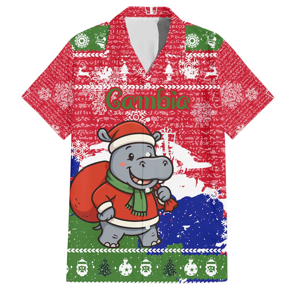 Gambia Christmas Hawaiian Shirt with Santa Hippo National Coat of Arms Snowflakes and Festive Holiday - Wonder Print Shop