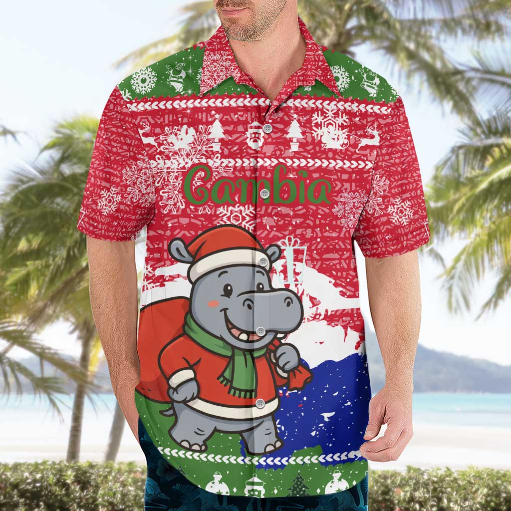 Gambia Christmas Hawaiian Shirt with Santa Hippo National Coat of Arms Snowflakes and Festive Holiday - Wonder Print Shop