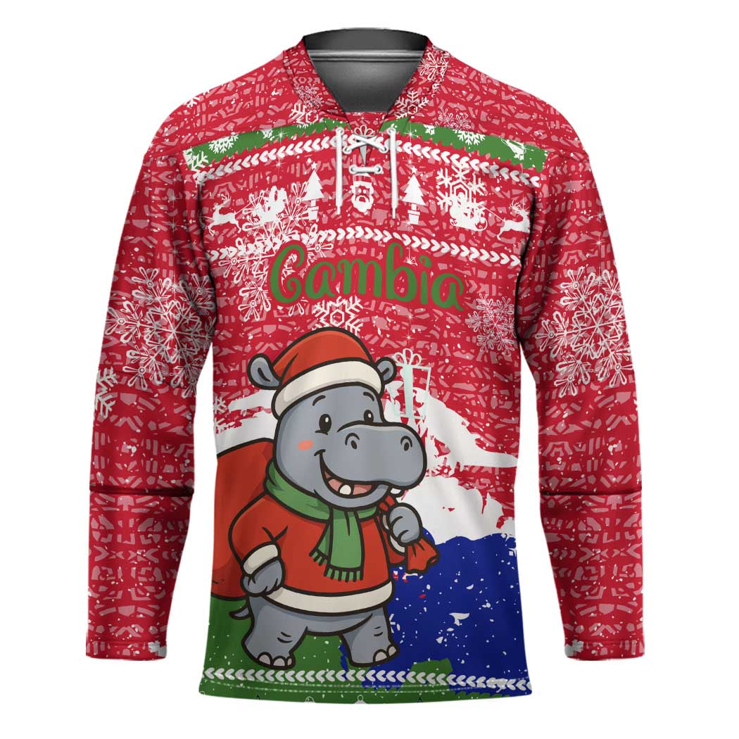 Gambia Christmas Hockey Jersey with Santa Hippo National Coat of Arms Snowflakes and Festive Holiday - Wonder Print Shop