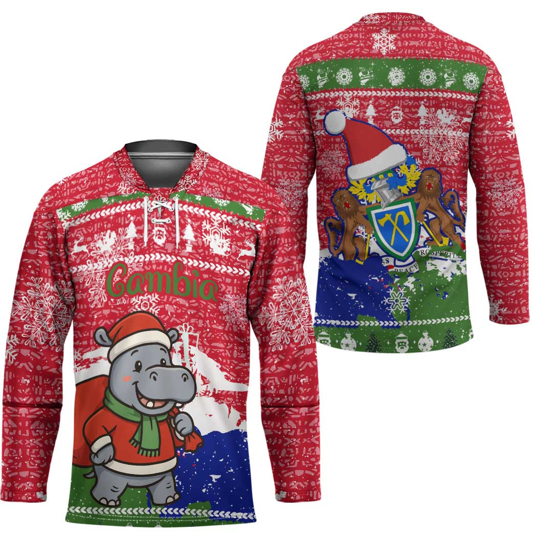 Gambia Christmas Hockey Jersey with Santa Hippo National Coat of Arms Snowflakes and Festive Holiday - Wonder Print Shop