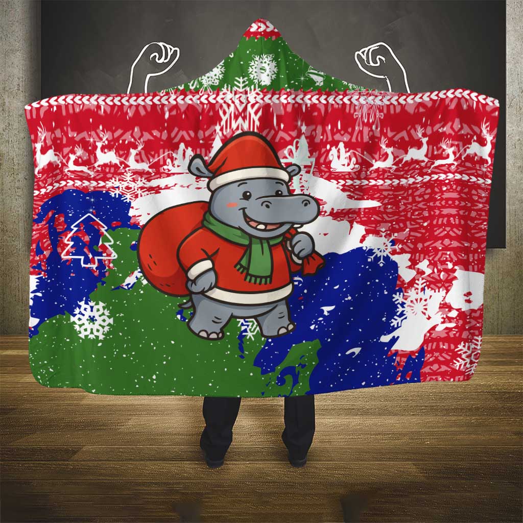 Gambia Christmas Hooded Blanket with Santa Hippo National Coat of Arms Snowflakes and Festive Holiday - Wonder Print Shop