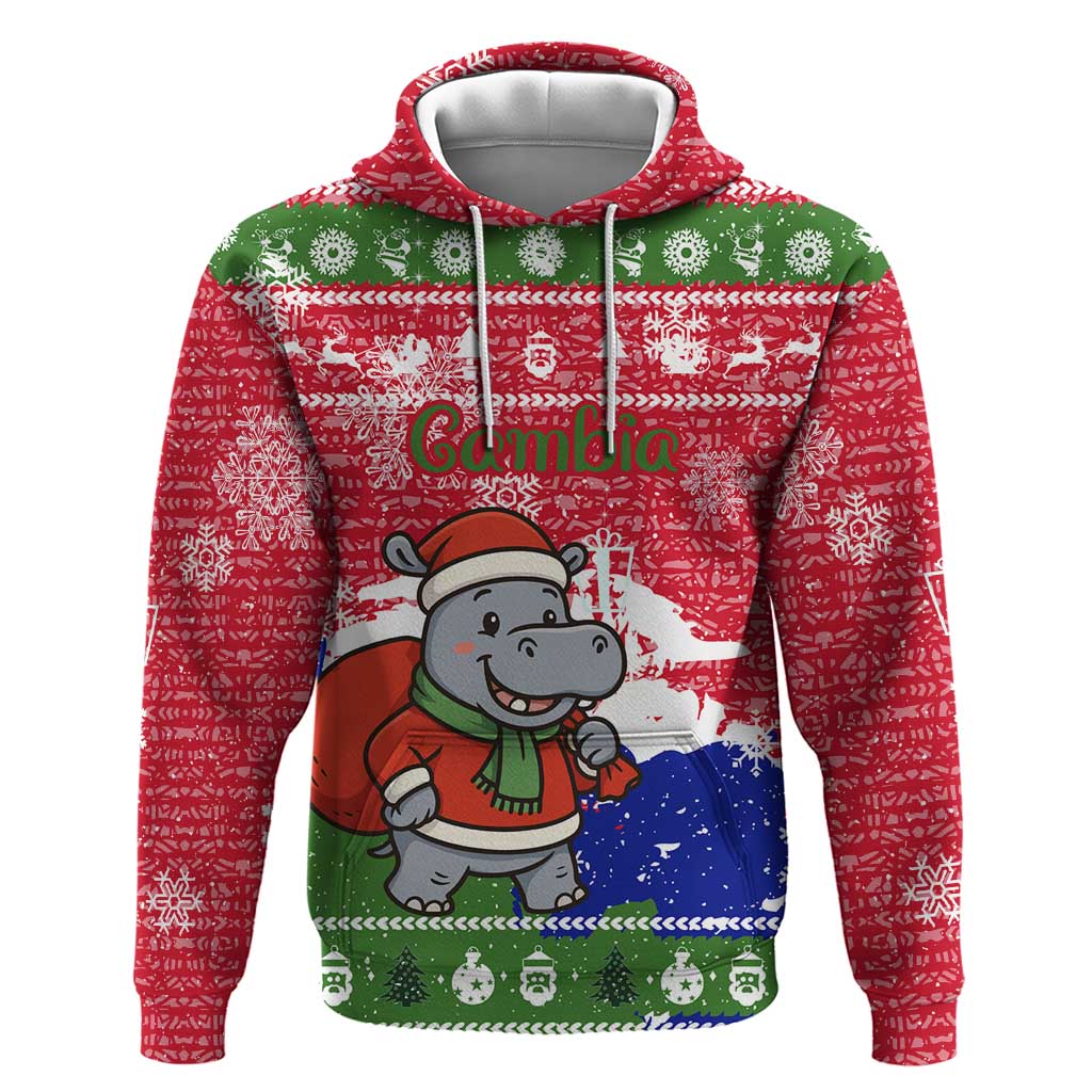 Gambia Christmas Hoodie with Santa Hippo National Coat of Arms Snowflakes and Festive Holiday - Wonder Print Shop