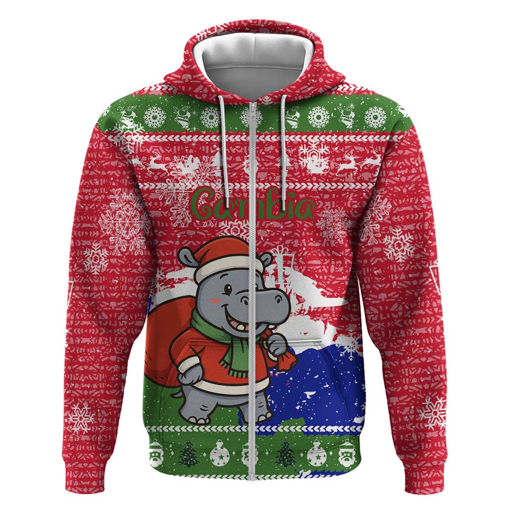 Gambia Christmas Hoodie with Santa Hippo National Coat of Arms Snowflakes and Festive Holiday - Wonder Print Shop