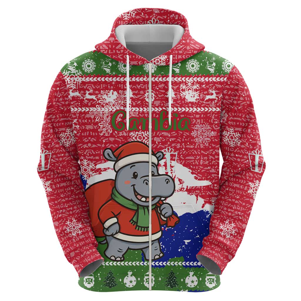 Gambia Christmas Hoodie with Santa Hippo National Coat of Arms Snowflakes and Festive Holiday - Wonder Print Shop