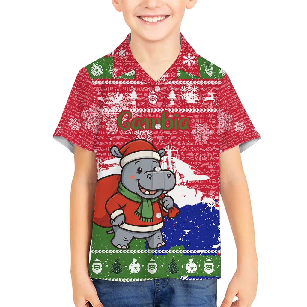 Gambia Christmas Kid Hawaiian Shirt with Santa Hippo National Coat of Arms Snowflakes and Festive Holiday - Wonder Print Shop