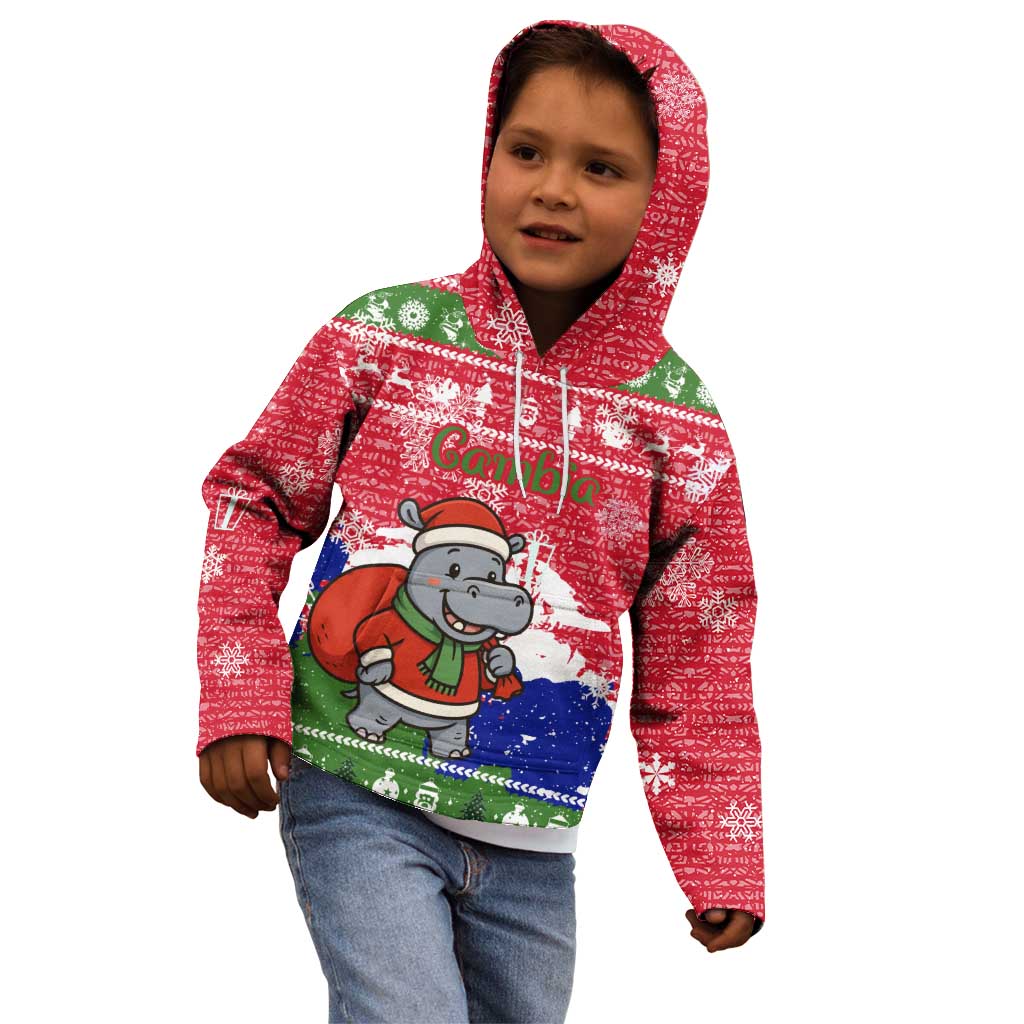 Gambia Christmas Kid Hoodie with Santa Hippo National Coat of Arms Snowflakes and Festive Holiday - Wonder Print Shop