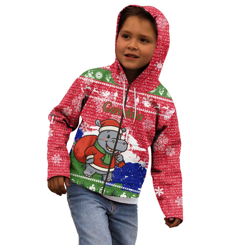 Gambia Christmas Kid Hoodie with Santa Hippo National Coat of Arms Snowflakes and Festive Holiday - Wonder Print Shop