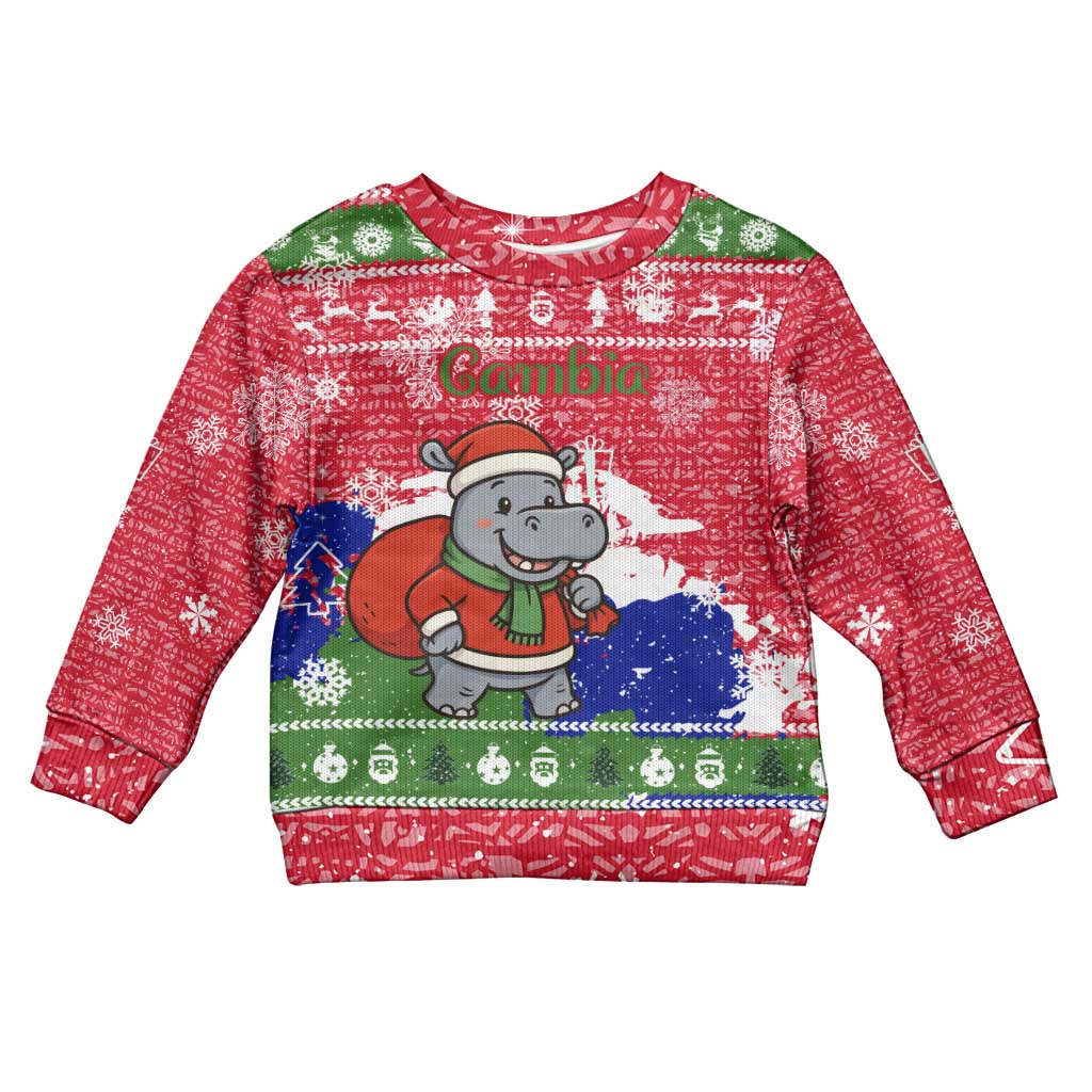 Gambia Christmas Kid Ugly Christmas Sweater with Santa Hippo National Coat of Arms Snowflakes and Festive Holiday - Wonder Print Shop