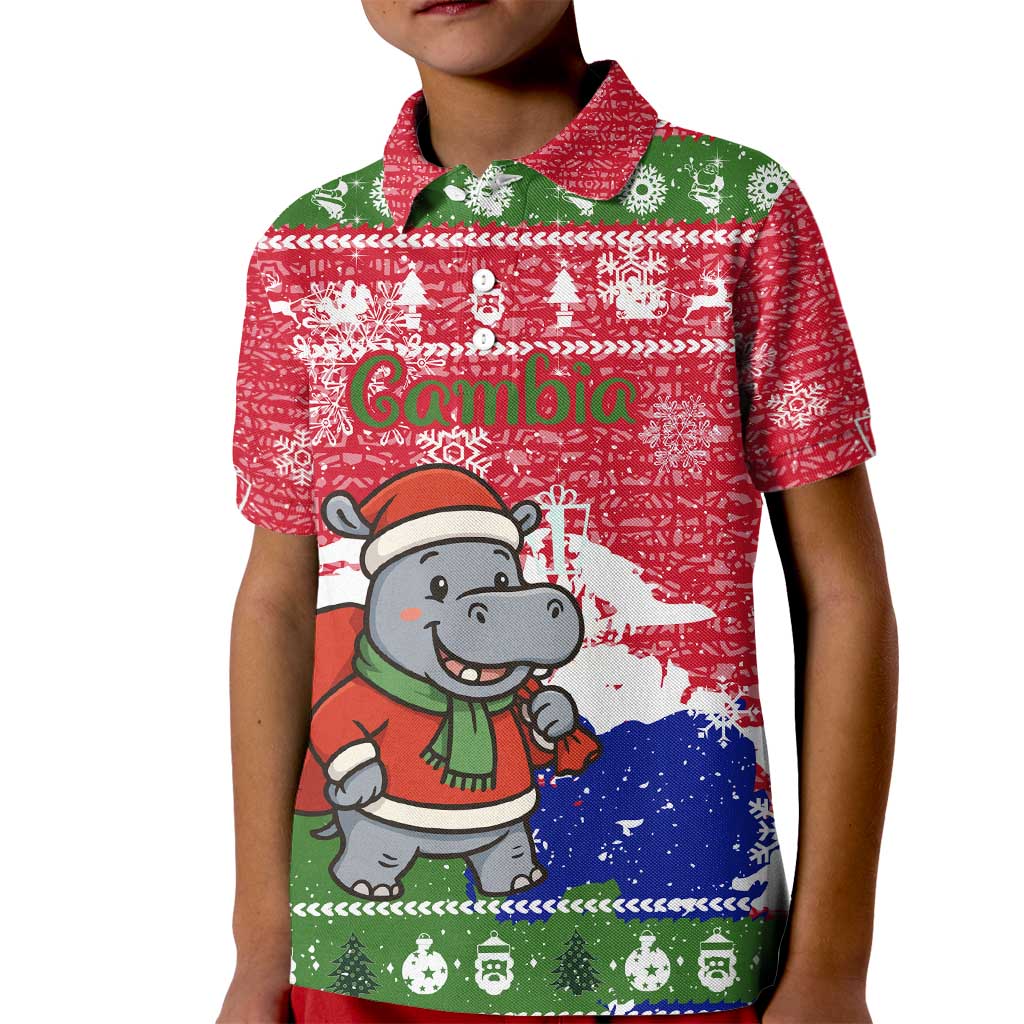 Gambia Christmas Kid Polo Shirt with Santa Hippo National Coat of Arms Snowflakes and Festive Holiday - Wonder Print Shop