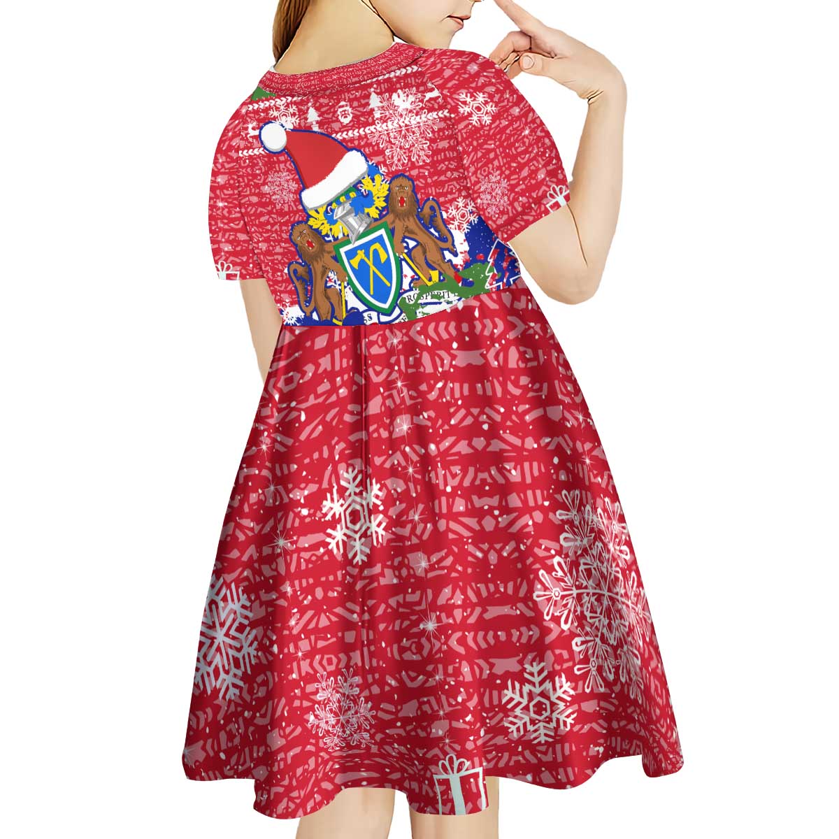 Gambia Christmas Kid Short Sleeve Dress with Santa Hippo National Coat of Arms Snowflakes and Festive Holiday - Wonder Print Shop