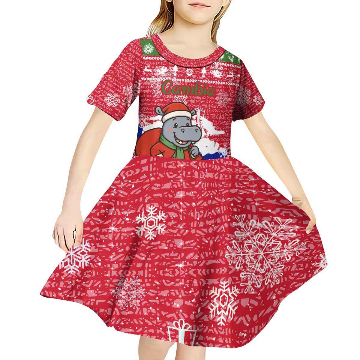 Gambia Christmas Kid Short Sleeve Dress with Santa Hippo National Coat of Arms Snowflakes and Festive Holiday - Wonder Print Shop