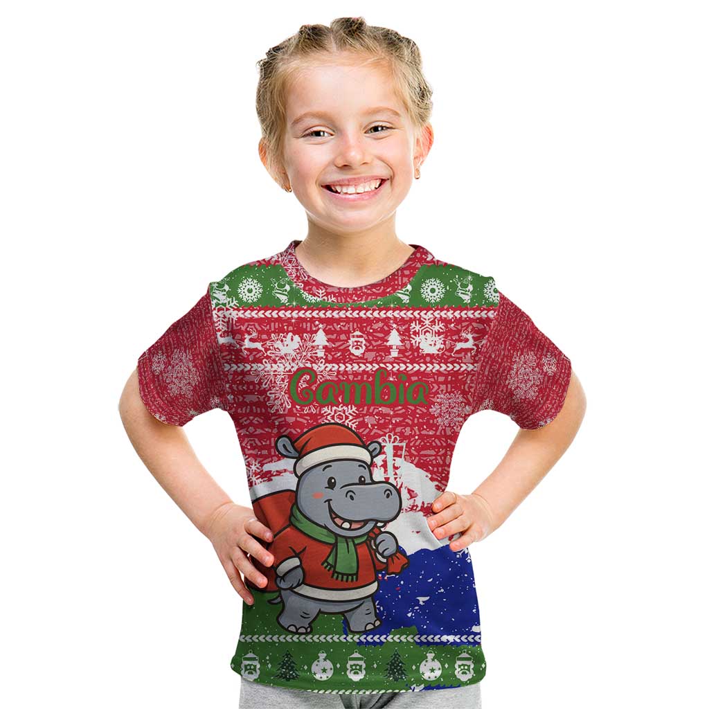 Gambia Christmas Kid T Shirt with Santa Hippo National Coat of Arms Snowflakes and Festive Holiday - Wonder Print Shop