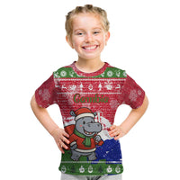 Gambia Christmas Kid T Shirt with Santa Hippo National Coat of Arms Snowflakes and Festive Holiday - Wonder Print Shop