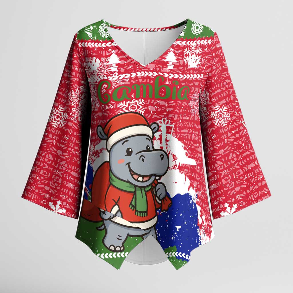 Gambia Christmas Kimono Sleeve Blouse with Santa Hippo National Coat of Arms Snowflakes and Festive Holiday - Wonder Print Shop