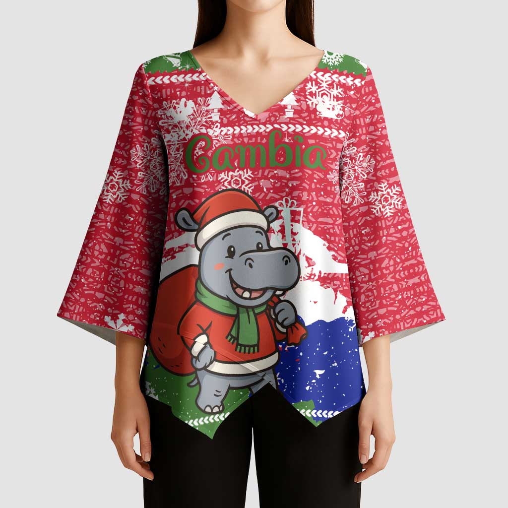 Gambia Christmas Kimono Sleeve Blouse with Santa Hippo National Coat of Arms Snowflakes and Festive Holiday - Wonder Print Shop