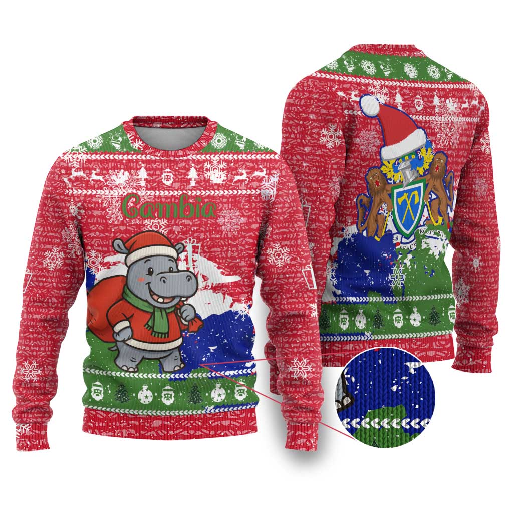 Gambia Christmas Ugly Christmas Sweater with Santa Hippo National Coat of Arms Snowflakes and Festive Holiday - Wonder Print Shop