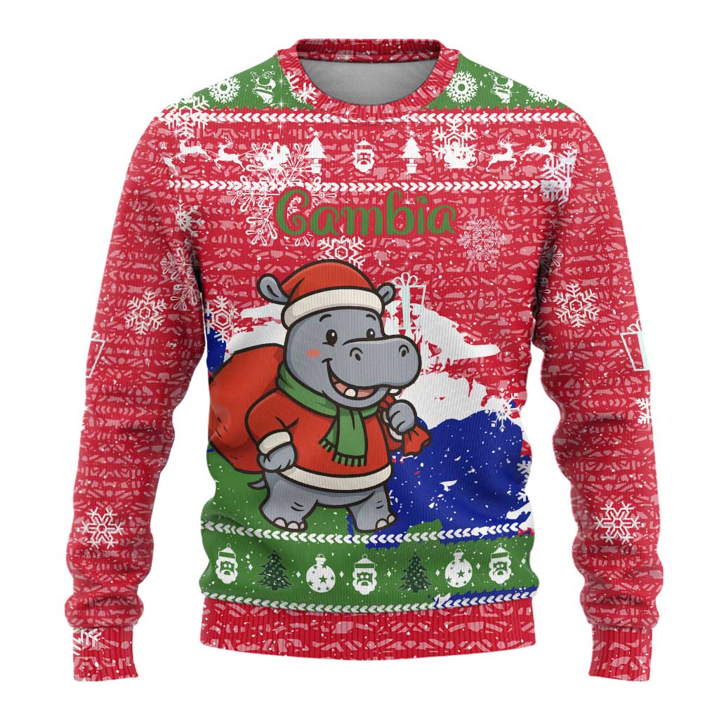 Gambia Christmas Ugly Christmas Sweater with Santa Hippo National Coat of Arms Snowflakes and Festive Holiday - Wonder Print Shop