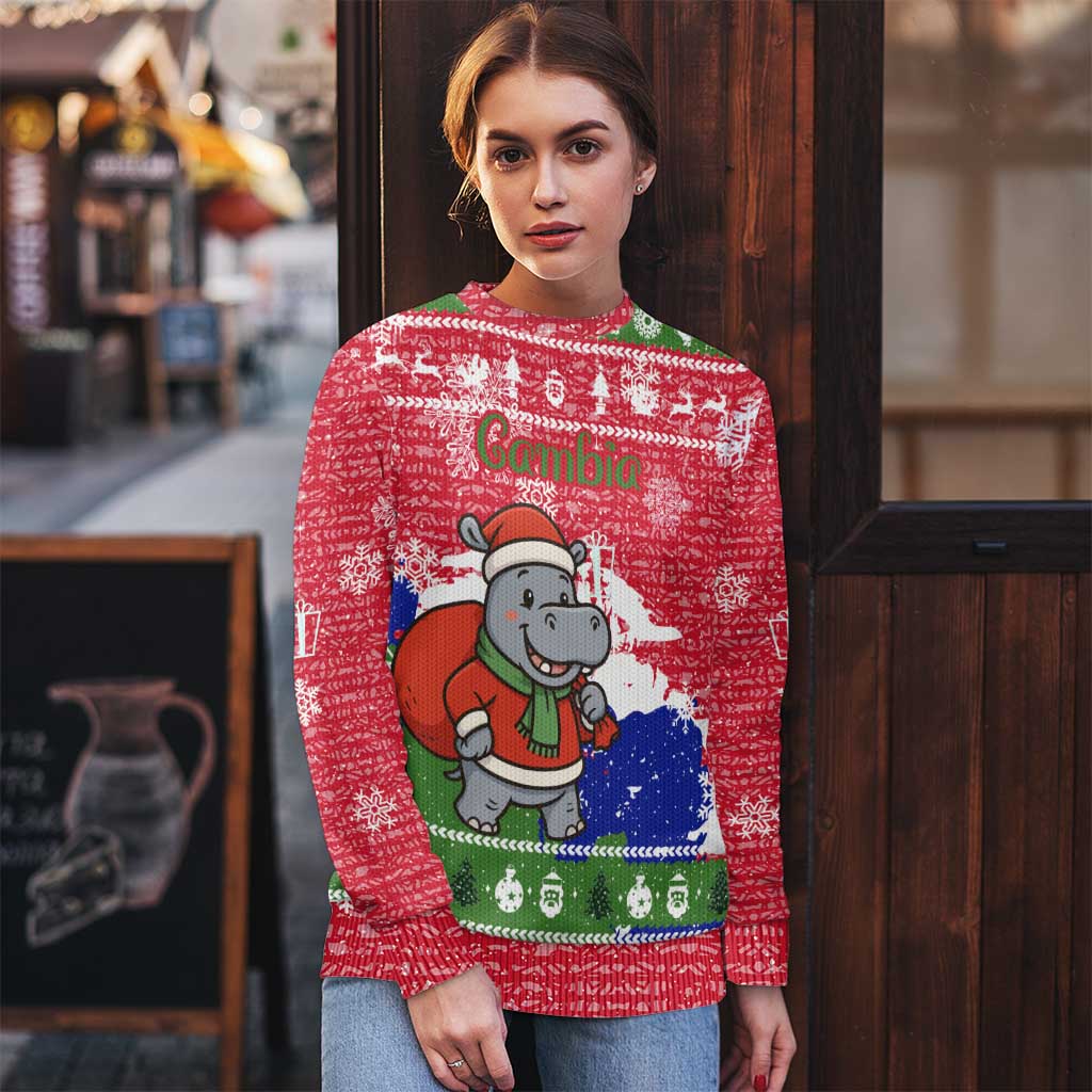 Gambia Christmas Ugly Christmas Sweater with Santa Hippo National Coat of Arms Snowflakes and Festive Holiday - Wonder Print Shop