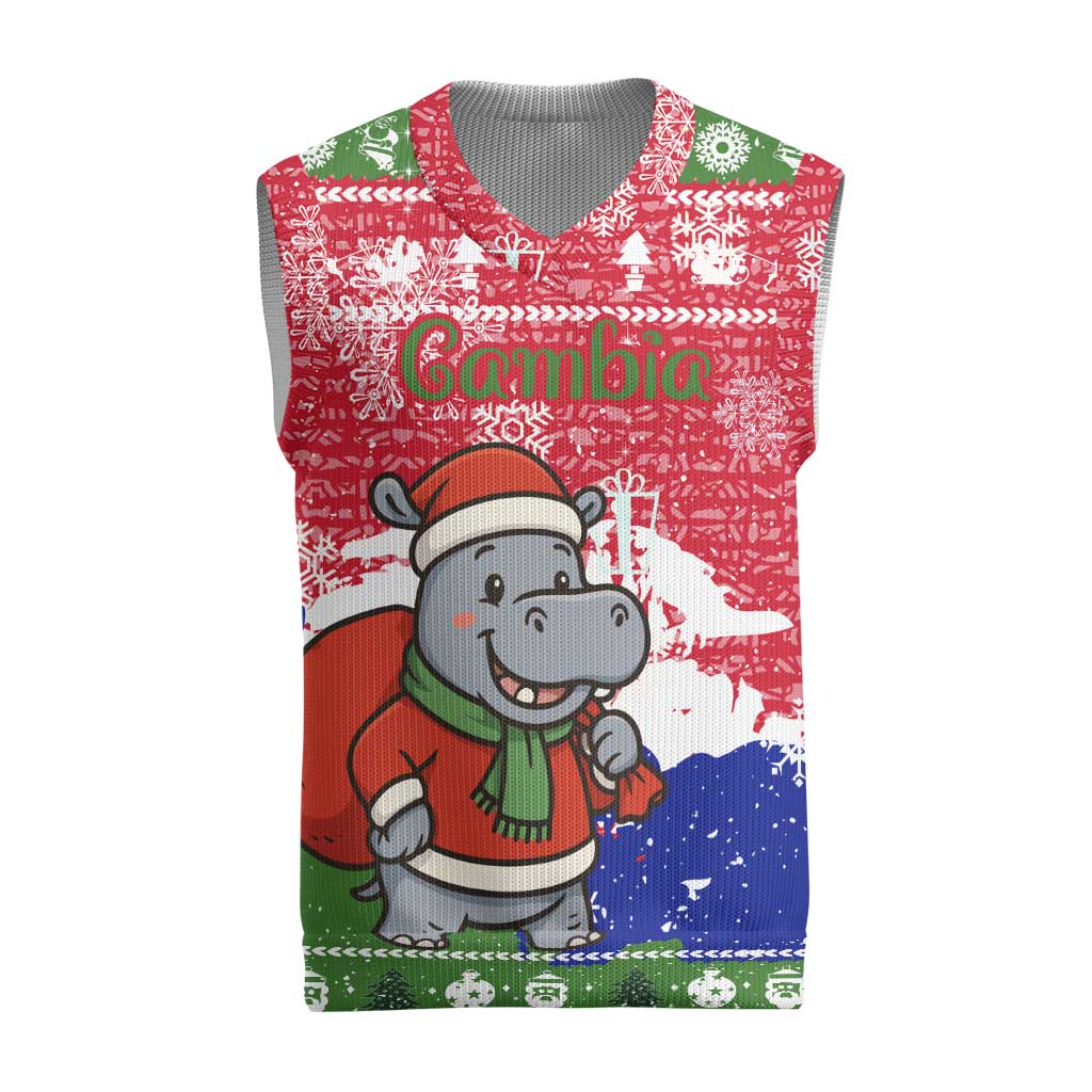Gambia Christmas Knitted V-Neck Vest with Santa Hippo National Coat of Arms Snowflakes and Festive Holiday - Wonder Print Shop