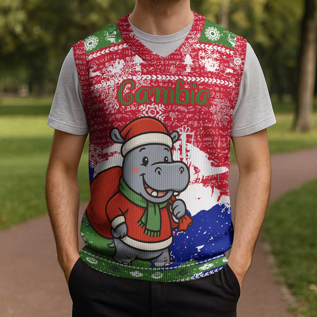 Gambia Christmas Knitted V-Neck Vest with Santa Hippo National Coat of Arms Snowflakes and Festive Holiday - Wonder Print Shop