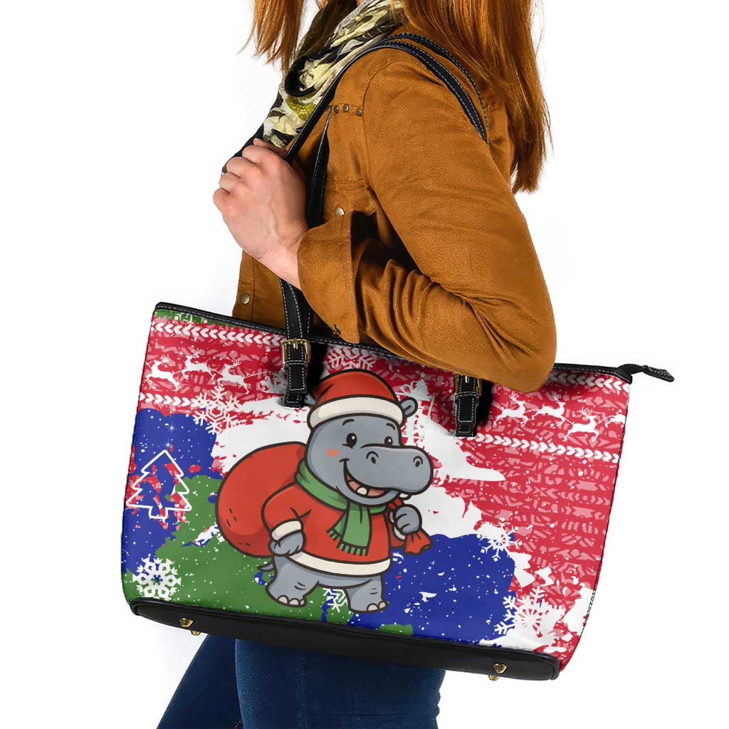 Gambia Christmas Leather Tote Bag with Santa Hippo National Coat of Arms Snowflakes and Festive Holiday - Wonder Print Shop