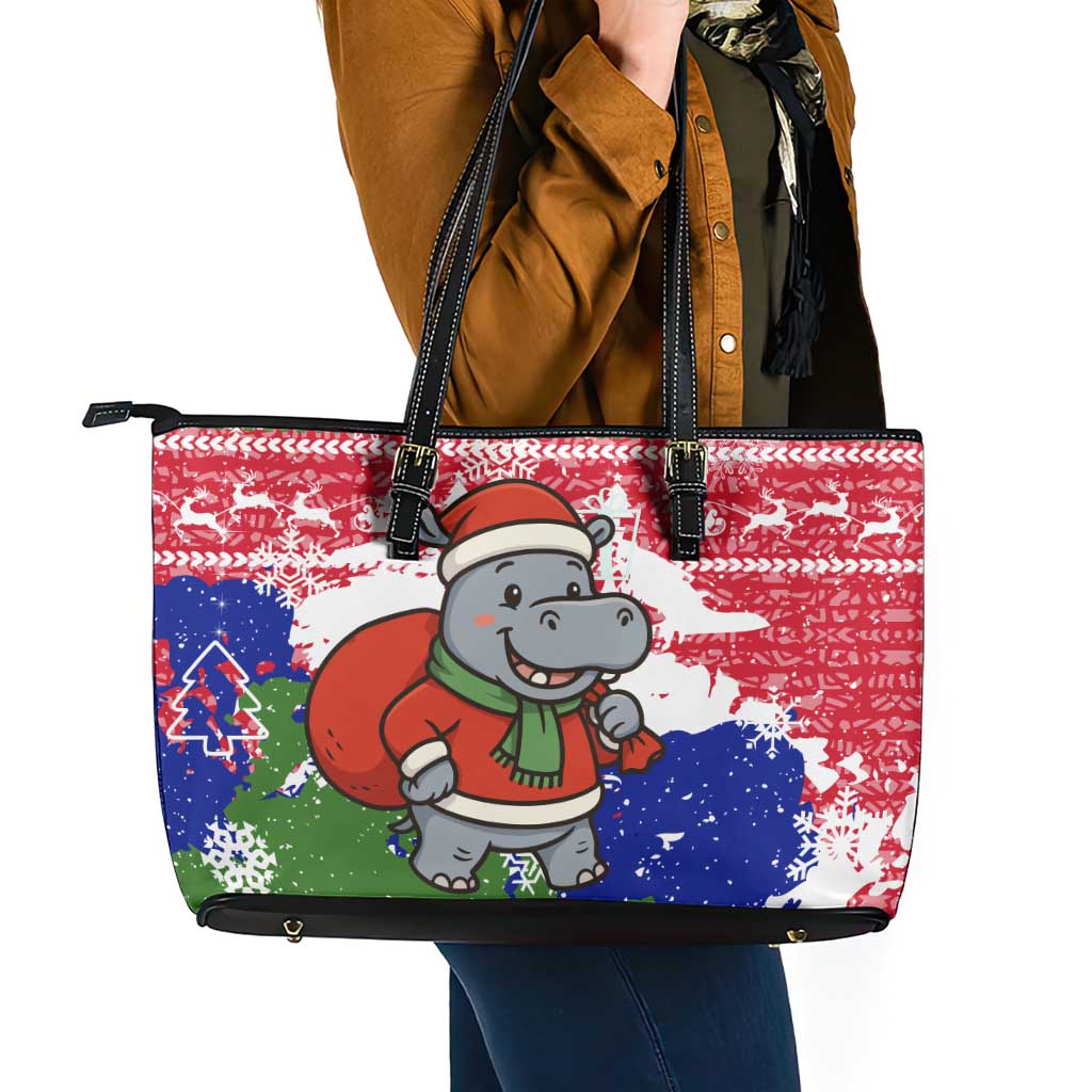 Gambia Christmas Leather Tote Bag with Santa Hippo National Coat of Arms Snowflakes and Festive Holiday - Wonder Print Shop