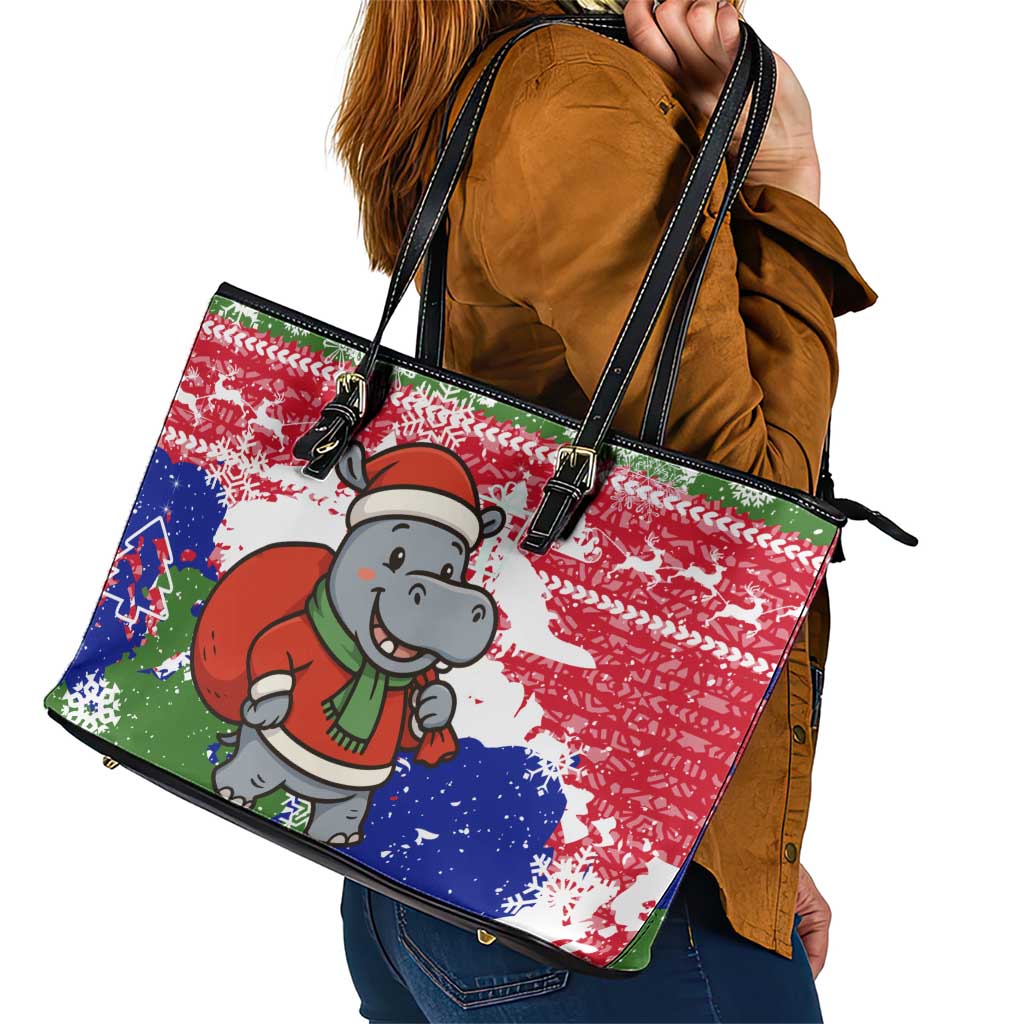Gambia Christmas Leather Tote Bag with Santa Hippo National Coat of Arms Snowflakes and Festive Holiday - Wonder Print Shop