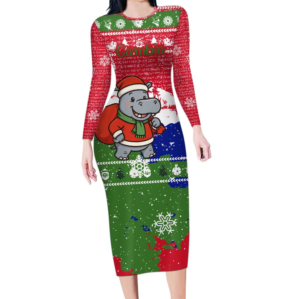 Gambia Christmas Long Sleeve Bodycon Dress with Santa Hippo National Coat of Arms Snowflakes and Festive Holiday - Wonder Print Shop