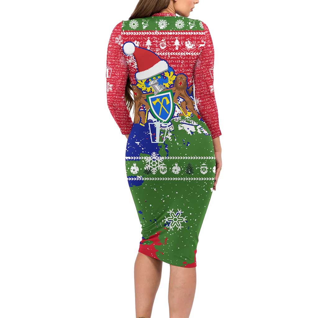 Gambia Christmas Long Sleeve Bodycon Dress with Santa Hippo National Coat of Arms Snowflakes and Festive Holiday - Wonder Print Shop