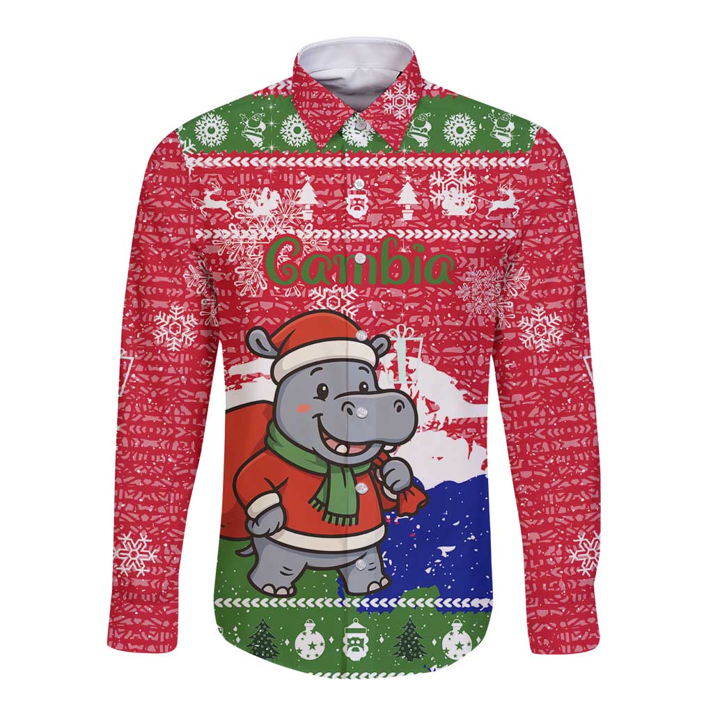 Gambia Christmas Long Sleeve Button Shirt with Santa Hippo National Coat of Arms Snowflakes and Festive Holiday - Wonder Print Shop